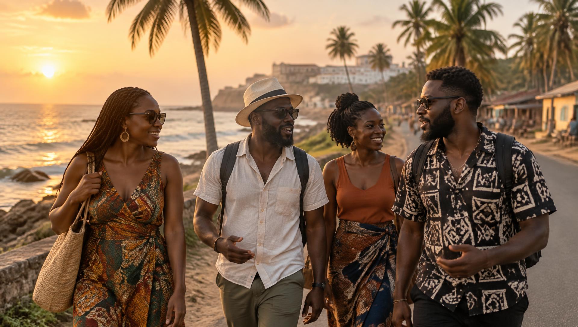 Travelers on a coastal road in Ghana at golden hour